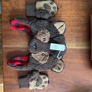 GAP Kids Brown Bear Sherpa Hat with Red Plaid Lining and Paw Mittens, new.